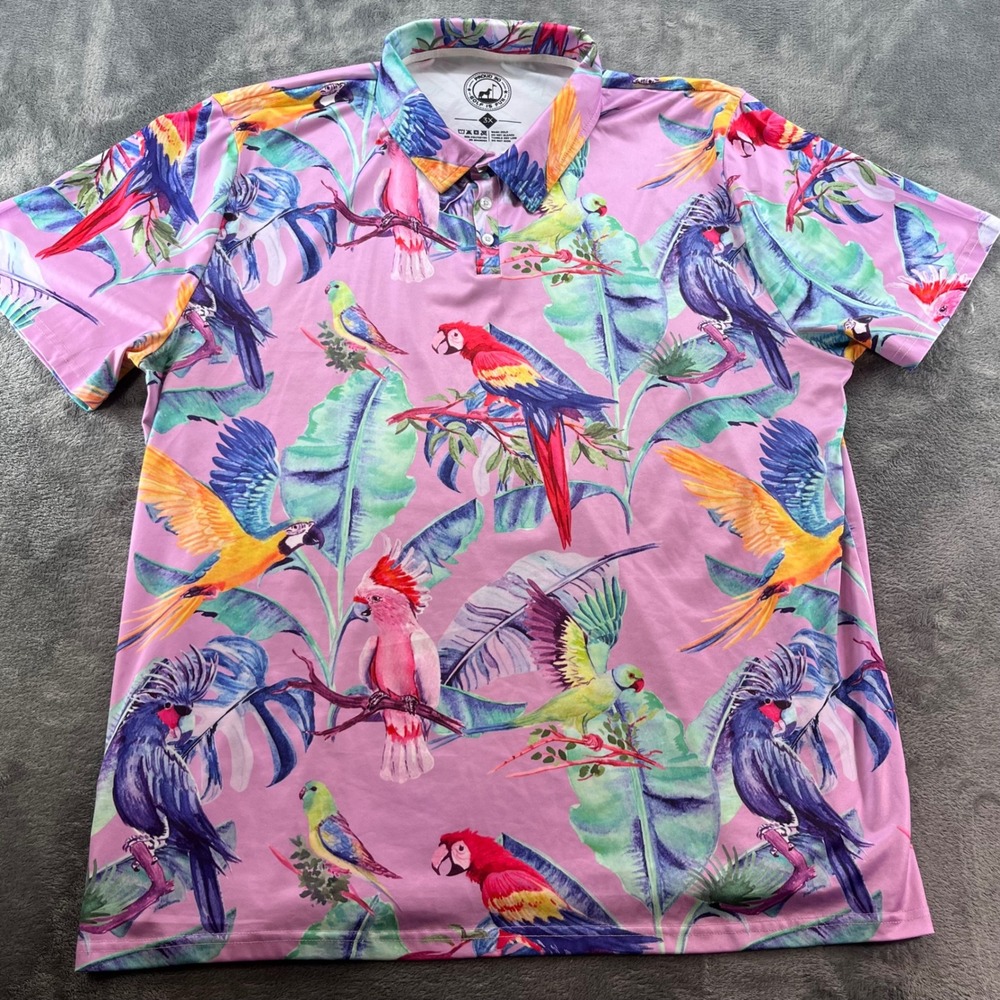 Proud 90 Golf Is Fun Mens 3X Pink Parrot Tropical Print Performance Polo Shirt